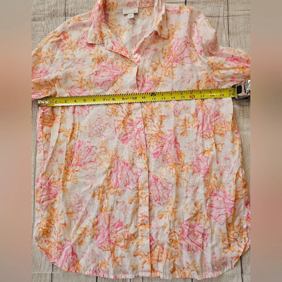 J. Jill Size Small Blouse 100% Linen Button Up Long Sleeve Coral Print Lagenlook - Picture 8 of 9